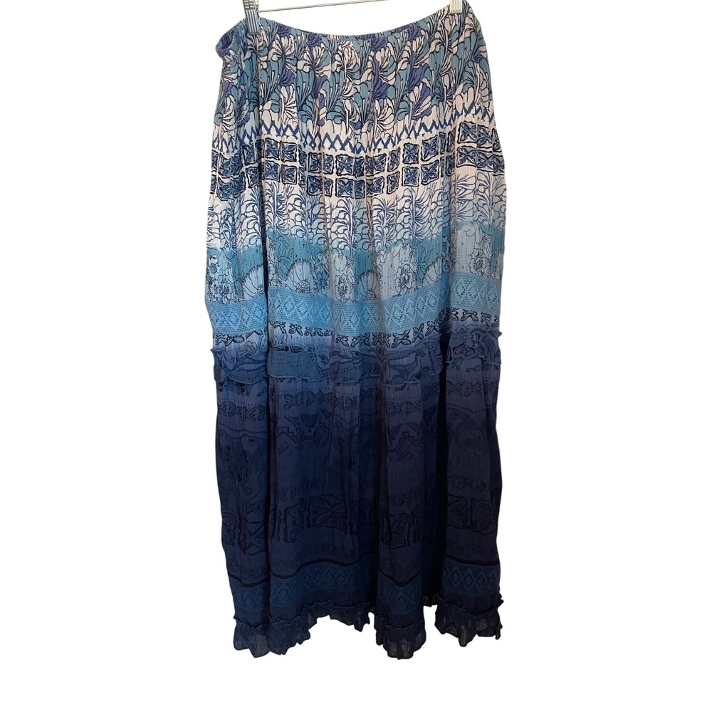Dressbarn Size 18/20 Boho Blue White Print Gauze Maxi Skirt Crochet Accent